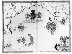 Kartta nro 5, joka näyttää Armada-laivaston reitin, kaivertanut Augustine Ryther, 1588